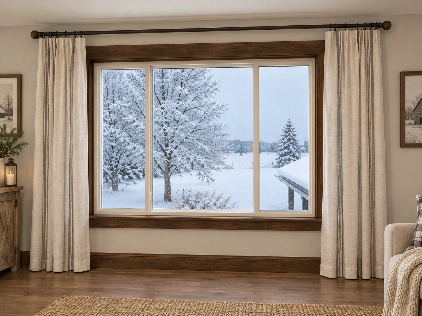 New Andersen replacement windows in a Minnesota living room with snow outside